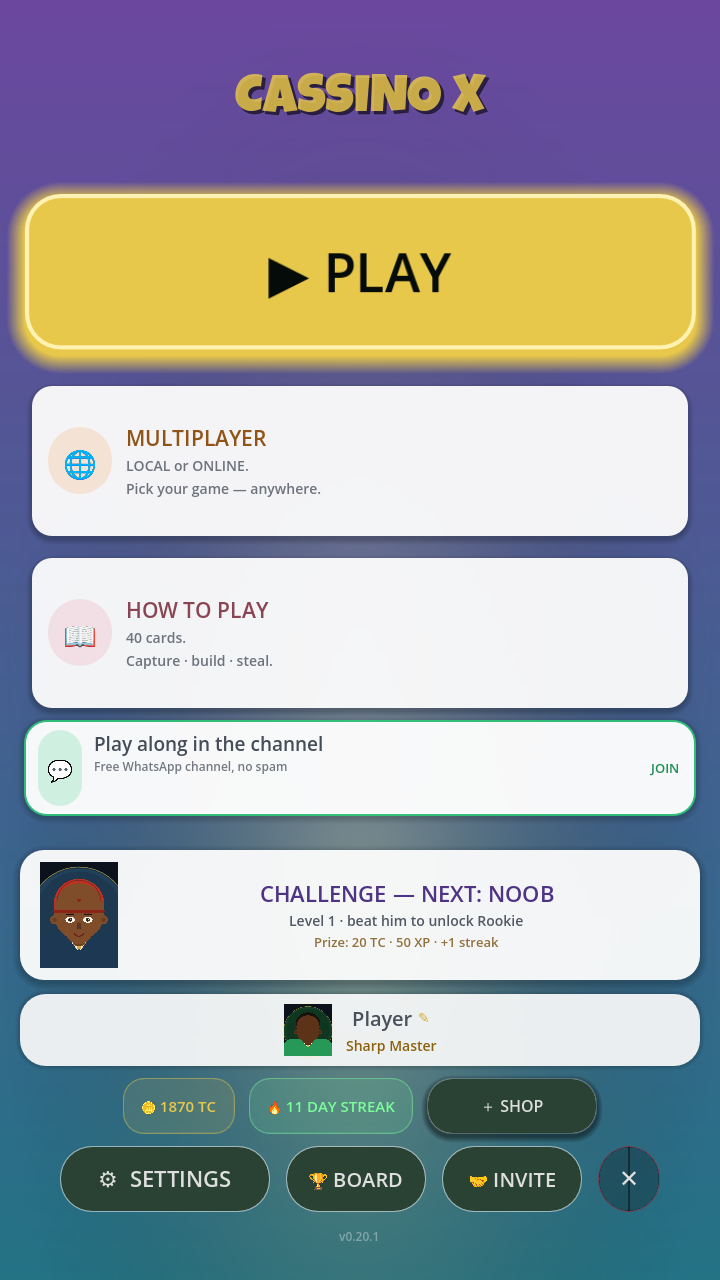 Cassino X main menu showing Play, Multiplayer and the rival challenge ladder