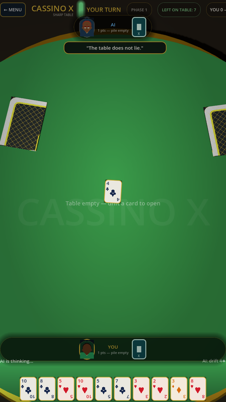 A Cassino X match in progress: the felt table, the player's hand and the score